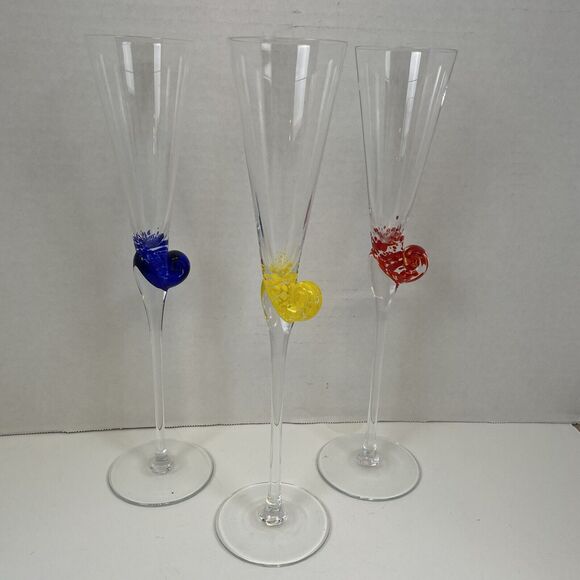 Set of 3 Murano Art Glass Cobalt Snail Escargot Crystal Champagne Flutes - Picture 2 of 9